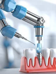 Aufkleber - Robotic Arm Performing Dental Implant Procedure on Gum Model in Modern Clinic Generative AI
