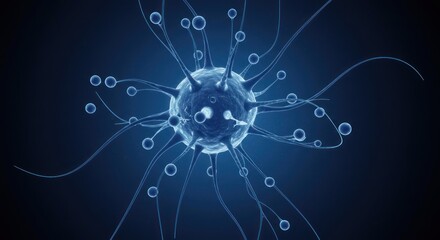 Poster - Blue neuron cell with connections shown against a dark background.