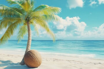 Wall Mural - Coconut tree stands on sandy white beach under bright summer sky by the ocean, coconut tree on beach with sandy white on summer concept Photo landscape in background