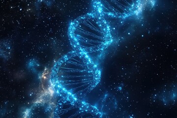 Poster - Glowing blue double helix in a starry cosmic setting, A glowing blue double helix surrounded by a starry background