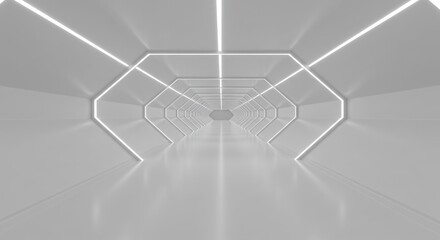 Poster - Abstract gray tunnel with geometric shapes and bright light perspective.