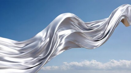 Poster - Silver fabric is blowing in the wind. The sky is blue and clear. Concept of freedom and movement
