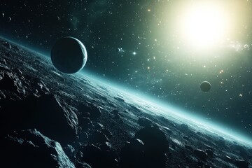 Wall Mural - vibrant asteroid belt with distant planets and a radiant star illuminating the cosmos, asteroid belt