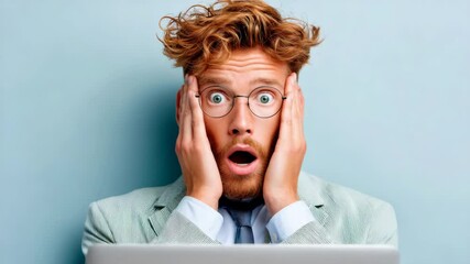 Poster - Man with glasses and a beard is looking at a laptop. He is wearing a suit and tie
