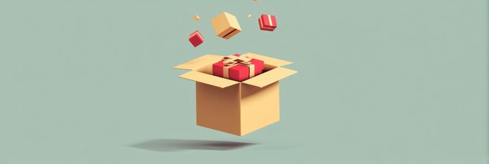 Poster - Playful Animated Cardboard Box Surprises With Gifts Flipping Open in a Cheerful Display of Excitement and Joy Generative AI