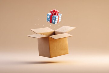 Poster - Surprise Gift Jumps From Playful Animated Cardboard Box in Cheerful Celebration Moment Generative AI