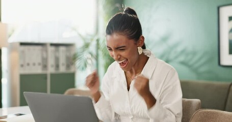 Poster - Happy, Indian woman and celebration with laptop in office for digital news, promotion or achievement. Desk, technology and journalist with success at work for bonus, winning or good review of article