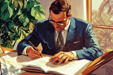 Poster - Businessman diligently writing in a notebook during a productive afternoon in a welllit office, business man is writing in his book