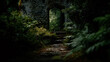 © claudunia - Enchanted forest castle entrance a occult stone structure surrounded by verdant overgrowth and a winding path.