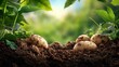 © ProPhotos - Potato tubers in the soil, their earthy colors standing out against the soft green background, symbolizing the fresh, organic bounty of a flourishing garden.