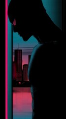 Poster - Dramatic Vintage Halftone Hero with Cityscape Background in Bold Comic Style Capturing Unique Vibes and Emotional Depth