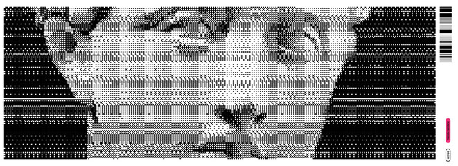 Poster - Retro-futuristic vector illustration blending y2k and dada elements in unique bitmap style, showcasing a stylized human face with intricate details