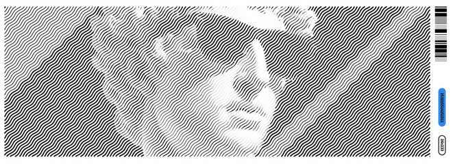 Poster - Vector illustration featuring y2k and dadaizm style with abstract wavy lines creating a human face in a zine-like format