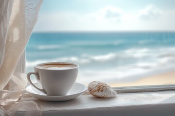 Wall Mural - Enjoying a warm cup of coffee by the coastal window with a serene view of the ocean waves, Cozy coastal scene with a cup of coffee on a windowsill overlooking ocean, background