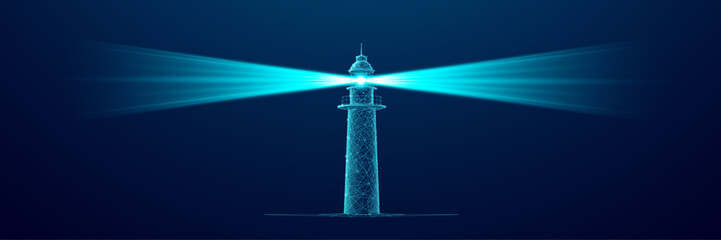 Poster - A digital lighthouse consists of connected dots, thin lines, and glowing glitters. Bright light beam on dark blue technology background. Safe harbor. Business vision concept. Vector illustration.