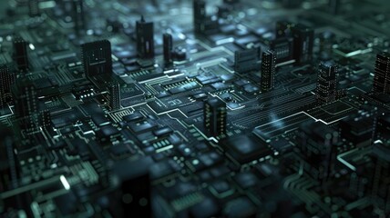 Poster - Abstract futuristic black circuit board with glowing elements. Digital artwork of electric circuit with black color and glowing color.Technology and digital network concept. Motherboard. AIG53.