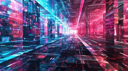Poster - abstract digital shape and particle technological cyber style design connecting become system shape 