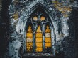 © Taslima - Gothic Arch Window in Ruins, Old Church, Decayed Stone, Yellow Glass