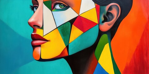 Poster - geometric portrait: a striking and colorful artistic portrait of a woman, with a face composed of ge