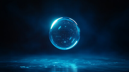 Poster - Closeup of luminous glass sphere floating in dark environment, showcasing cosmic effect