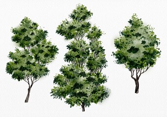 watercolor architectural tree side view with visible branches and light green foliage on white backg