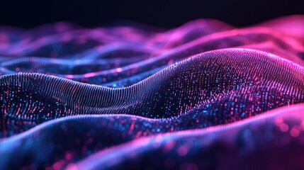 Fototapete - Cybernetic Waves: A mesmerizing close-up of a futuristic digital landscape, displaying abstract wave-like patterns in vibrant shades of magenta and cyan.
