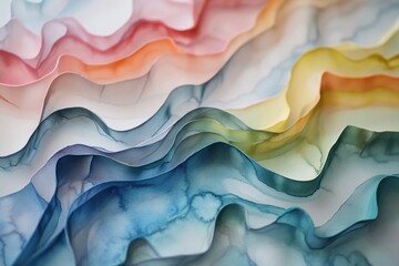 Poster - Abstract Watercolor Waves: A mesmerizing abstract watercolor painting capturing the beauty of flowing, layered waves in a rainbow palette. The swirling.