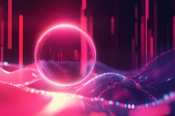 Fototapete - Abstract Sphere in Cyberpunk Landscape: An evocative artistic digital rendering of a glowing sphere, at the heart of a dynamic cyberpunk landscape, suffused with radiant neon hues.