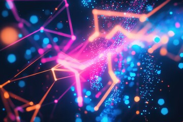 Poster - Abstract Data Flow: Vibrant, neon-hued lines and points shimmer and pulse across a dark, mysterious background, symbolizing the rapid flow of information in the digital age.  