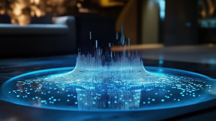 Fototapete - Digital Data Stream: A mesmerizing digital visualization emerges from a futuristic circular platform, illustrating the dynamic flow of data with vibrant light. 