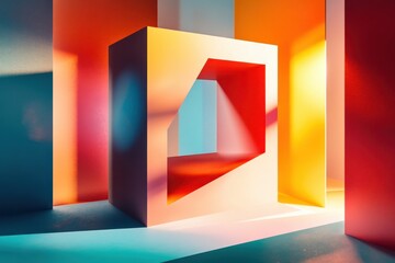 Poster - geometric abstraction: vividly lit with dynamic shadows, a central cube creates a stunning interplay