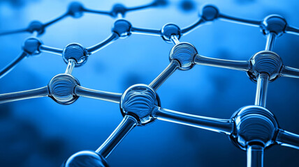 Poster - Closeup of abstract glass molecules drifting blue background, showcasing intricate connections