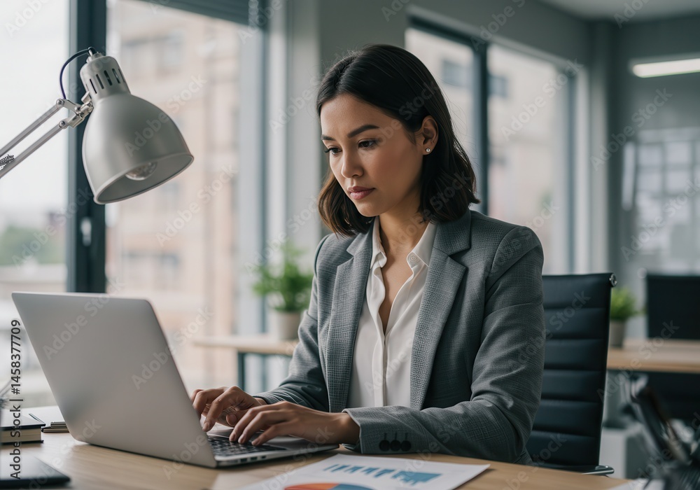 Young businesswoman working on laptop at her desk in a modern office ...
