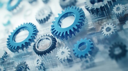 Poster - Mechanical gears: A macro shot showcases a collection of meticulously crafted gears in various sizes, with a focus on precision engineering and industrial design.