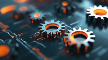 Poster - Gears of Innovation: A close-up shot of interconnected gears on a futuristic technological circuit board, evoking a sense of precision, complexity, and the intricate workings of innovation.