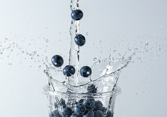 Poster - Fresh blueberries falling into a glass with water creating a splash on a bright white background