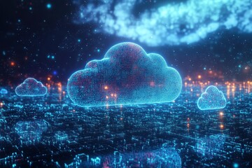 Poster - Digital Cloudscape: A stunning digital rendering depicts data transfer and connectivity through glowing cloud formations over a city skyline, symbolizing the evolution of information technology.