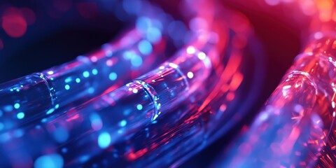 Poster - Neon Glowing Fiber Optics: A close-up shot of vibrant neon fiber optic cables glowing with red and blue light, creating an abstract and mesmerizing visual.  