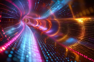 Fototapete - Digital Gateway: An abstract visual of a tunnel comprised of vibrant, flowing lines of light, capturing the essence of technological advancement and connectivity.