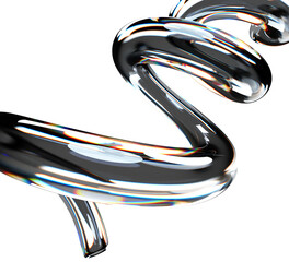 Poster - 3d abstract liquid glass transparent spiral line with chromatic effect on black background render. Iridescent fluid flow swirl, tube shape with dispersion light, holographic gradient