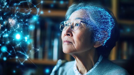 Poster - Elderly Woman Contemplating Neural Network: An elderly woman, thoughtful and pensive, gazes intently at a visualized neural network superimposed onto her head.
