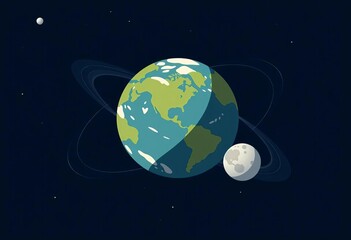 Wall Mural - Flat vector illustration of Earth and Moon in space Orbiting celestial bodies, simple design,  planet,  stars