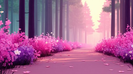 Poster - Pink blossoms line a serene forest path leading towards a distant glow as sunlight filters through the tall trees in a peaceful landscape.