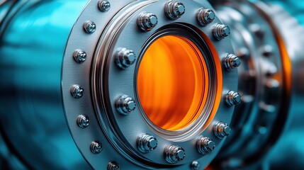 Fototapete - Metallic pipeline with glowing orange liquid flowing inside seen through a round flanged opening, bolts secu the metal joints together.