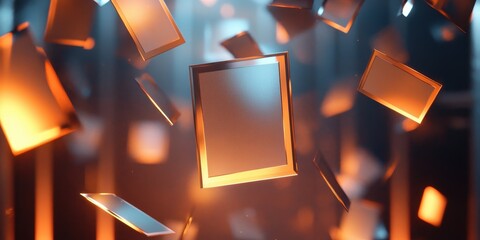 Fototapete - Floating Frames: Abstract digital art showcasing numerous rectangular frames suspended in mid-air, exhibiting a blend of metallic and warm orange hues against a dark background.
