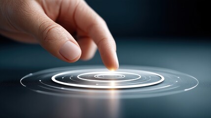 Poster - Finger touches a glowing circular interface activating the technology with radiating energy, creating a sense of innovation and control.