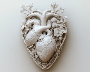 Aufkleber - Detailed sculpture of a human heart entwined with botanical elements like flowers leaves and mushrooms on a plain solid color background.