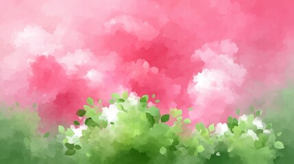 Fototapete - Watercolor painting features vibrant pink cloudy sky above lush green foliage creating a beautiful and dreamlike natural landscape scene art.