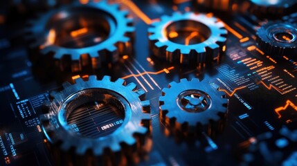 Poster - Gear Technology: A close-up shot showcases intricate gears against a technological background, symbolizing innovation, integration, and precision.