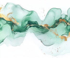 Poster - Elegant Fluid Art with Gold Accents: A mesmerizing swirl of emerald and gold inks dances across a white canvas. capturing a sense of luxury, artistry, and flowing design.